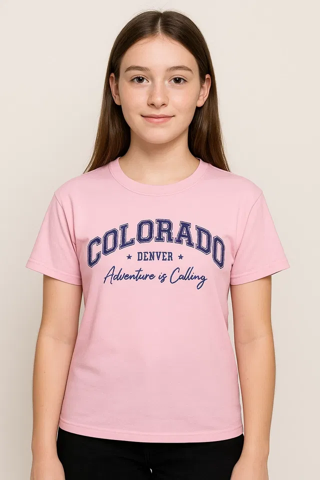 Round Neck Printed T-Shirt for Girls (Pink, 32)