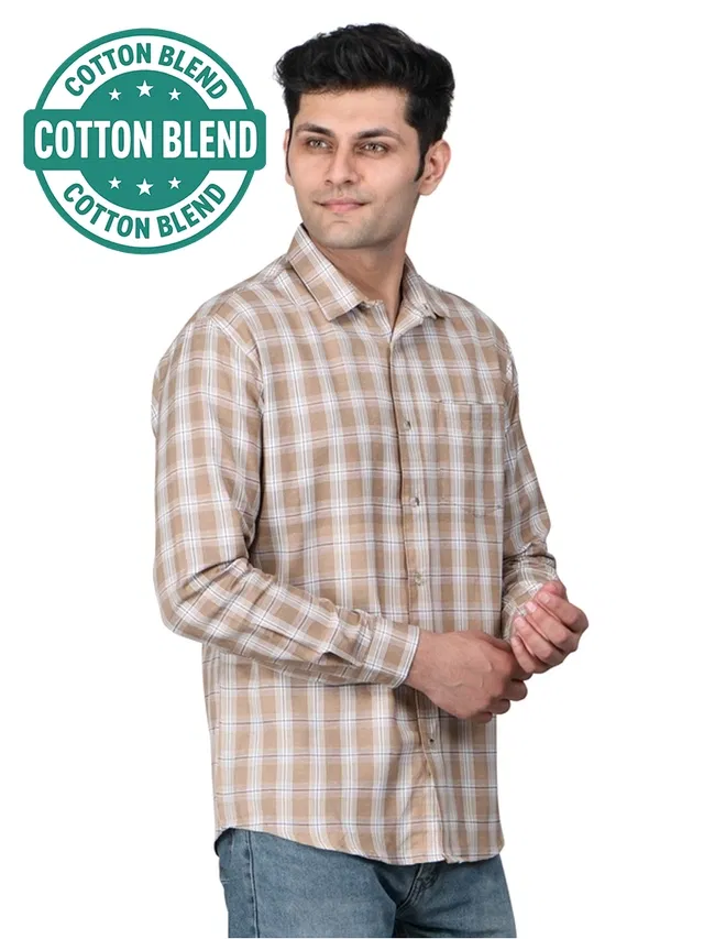 Cotton Blend Full Sleeves Chequered Shirt for Men (Beige, M)