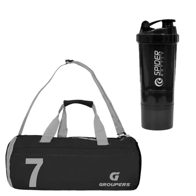 Polyester Printed Gym Bag with Shaker Bottle (500 ml) for Men & Women (Black, Set of 1)