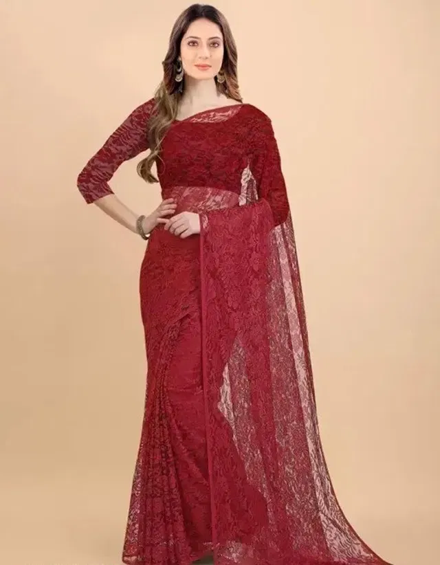 Net Floral Saree for Women (Maroon, 6.3 m)