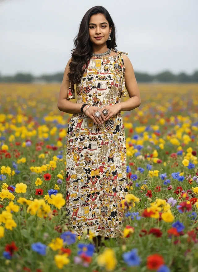 Kalamkari Print Kurti for Women (Cream, L)