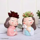 Terracotta Decorative Cute Girls Pot for Home Decor, Multicolor, Pack of 2