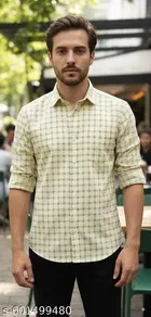 Cotton Blend Checked Shirt for Men, Cream 