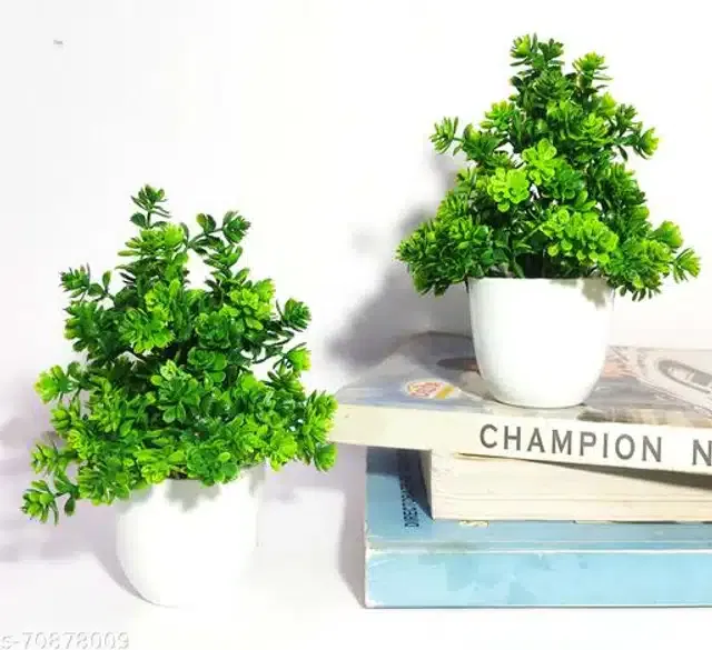 Artificial Plants with Pot (Green & White, Pack of 2)