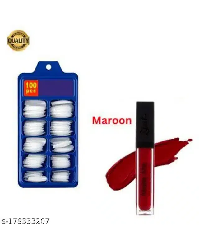 Combo of Matte Me Liquid Lipstick with 100 Pcs Artificial Nail (White & Maroon, Set of 2)
