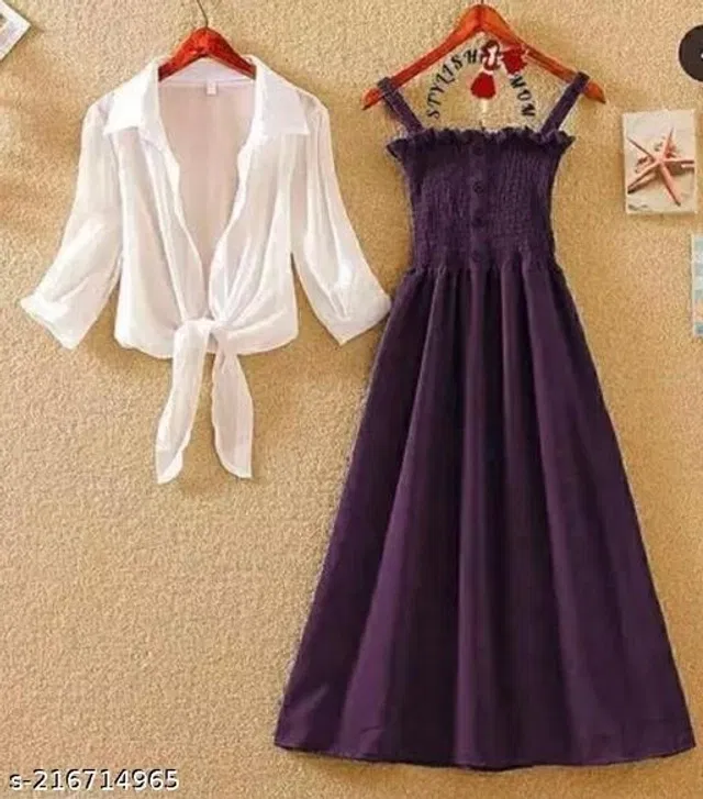 Poly Crepe Dress for Women (Purple & White, XL)