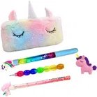 MINDFIT Unicorn Furr Pencila case and Magic pencil Kit including Unicorn Badge 