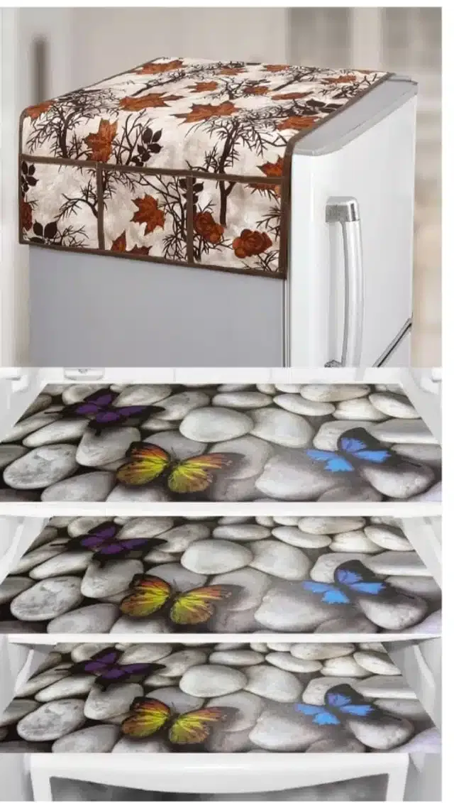 Knit Printed Fridge 3 Pcs Mat with Top Cover (Multicolor, Set of 1)