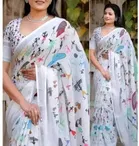 Cotton Linen Printed Saree for Women, White (6.3 m)