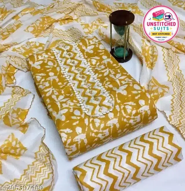Cotton Printed Unstitched Dress Material for Women (Yellow)