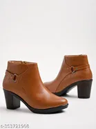 Shoetopia Solid Synthetic Block Heel Heeled Boots Brown 