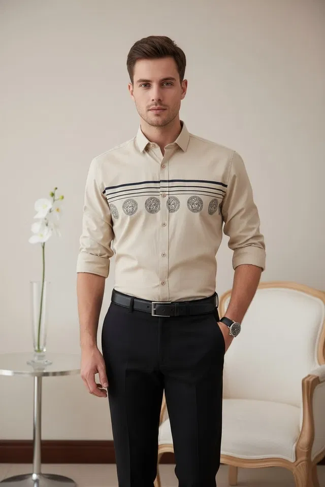 Full Sleeves Printed Shirt  For Men, Beige (L)