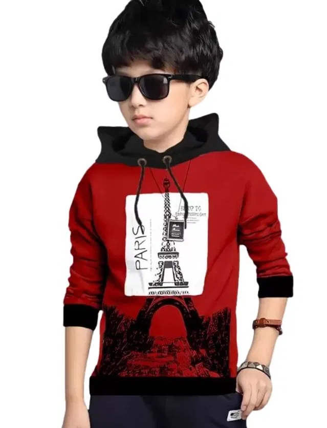 Hooded Neck Printed T-Shirt for Boys (Maroon, 15-16 Years)