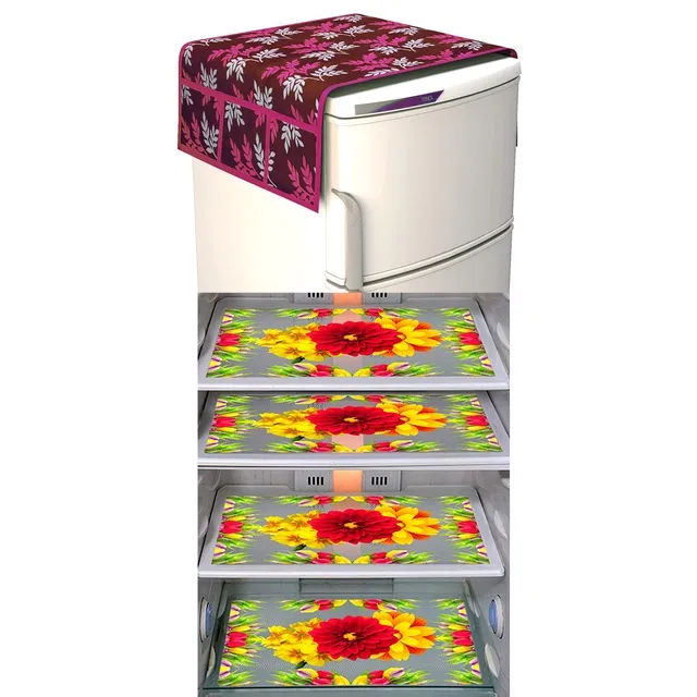 PVC Printed Refrigerator Top Cover & Mats (Multicolor, Set of 5)