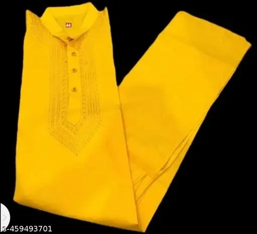 Cotton Solid Kurta for Men, Yellow (L)