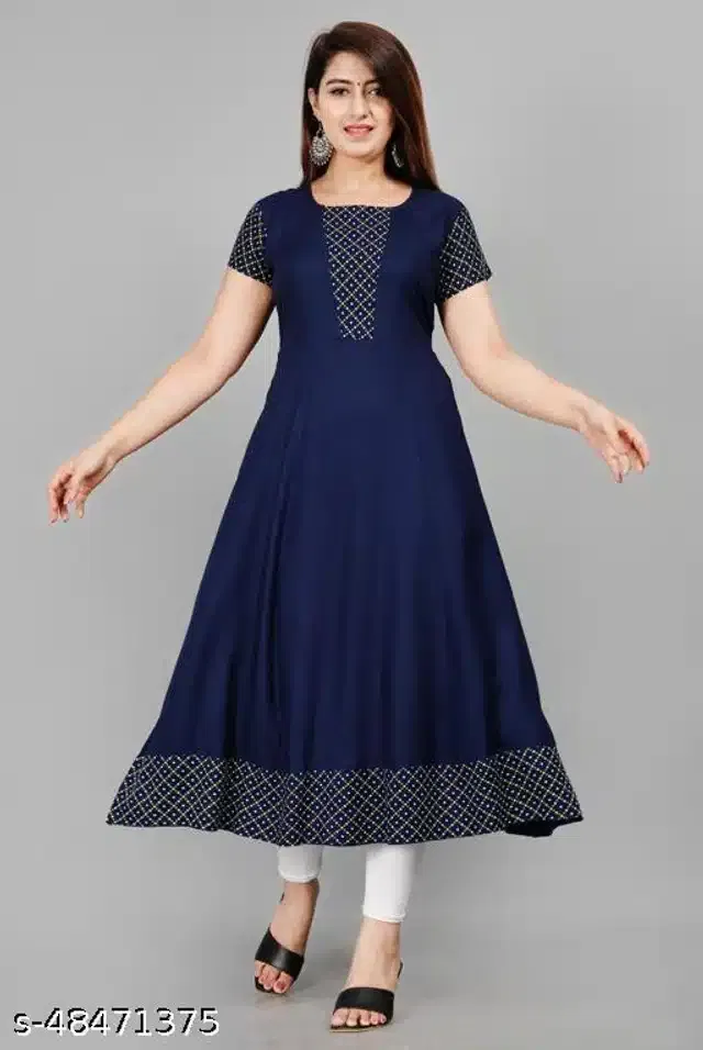 Anarkali Rayon Solid Kurti for Women (Navy Blue, M)
