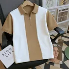 Polo Neck Colorblocked T-Shirt for Men, Brown 