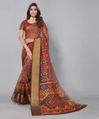 Women's Designer Printed Linen Zari Border Saree with Blouse Piece 