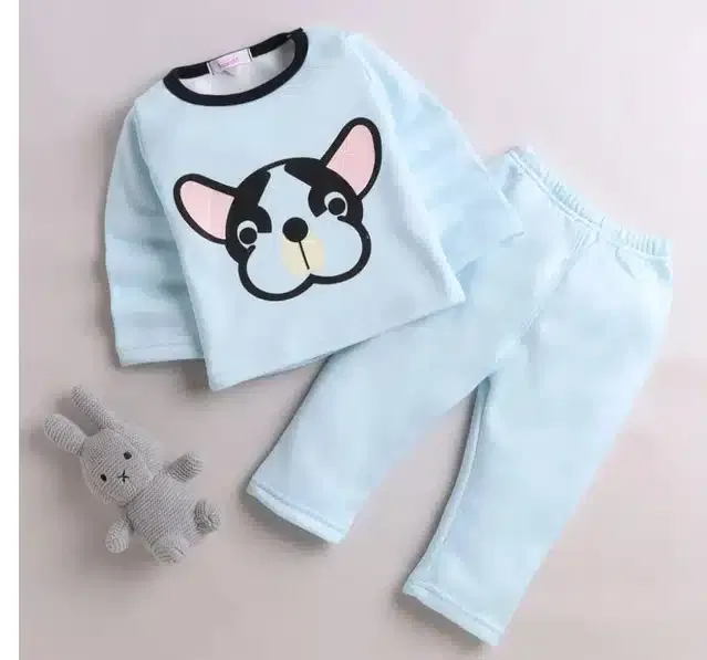 Hosiery Printed Top & Bottom Set for Kids (Sky Blue, 12-18 Months)
