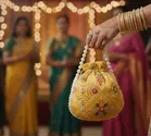 Handcrafted Embroidered Silk Potli Bag, Yellow