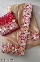 Chiffon Embroidered Saree for Women, Beige 