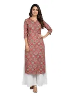 Cotton Blend Floral Kurti & Payjama Set for Women, Maroon 
