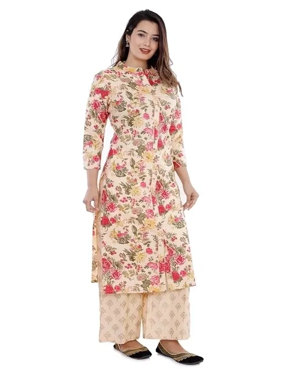 Cotton Floral Print Kurti for Women (Beige, XL)