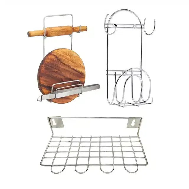 2 Pcs Stainless Steel Chakla Belan Stand & Utensil Holder (Set of 3, Silver)