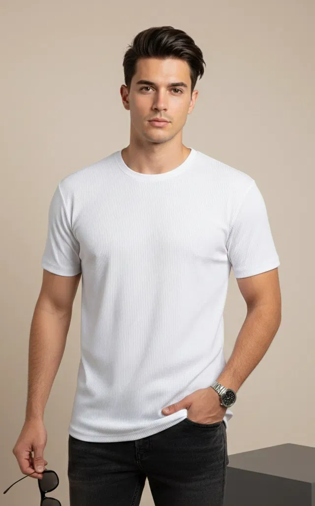 Polyester Round Neck T-shirt for Men, White (M)
