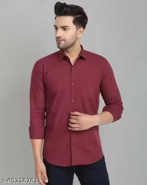 Cotton Blend Solid Shirt For Men, Maroon (XL)