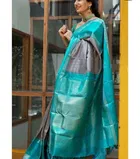 Litchi Silk Zari Woven Saree for Women, Grey & Blue 