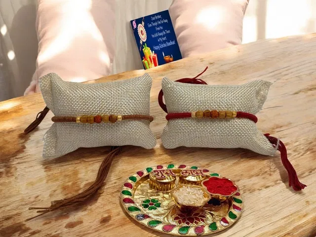Wooden 2 Pcs Rakhi with 4.5 Inch Plate & Greeting card, Roli (Multicolor, Set of 1)