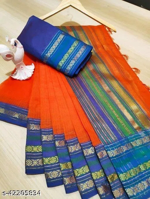Kota Doria Silk Saree for Women (Orange)