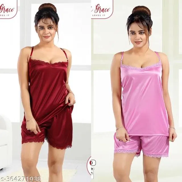 Satin Nightsuit for Women (Maroon & Pink, L) (Pack of 2)
