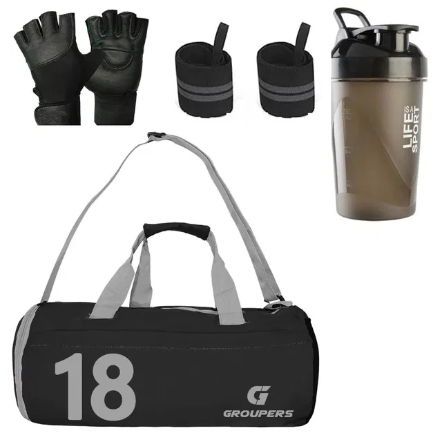 Polyester Printed Gym Bag with 2 Pcs Wristband, Gloves & Shaker Bottle (400 ml) for Men & Women (Multicolor, Set of 1)
