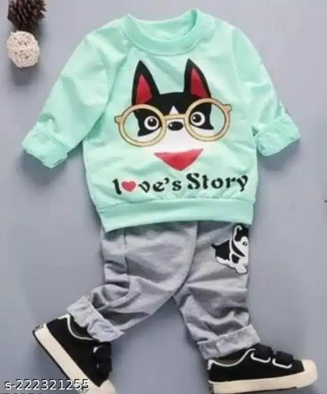 Hosiery Cotton Full Sleeves T-Shirt with Pant Clothing Set for Kids (Sea Green & Grey, 12-18 Months)