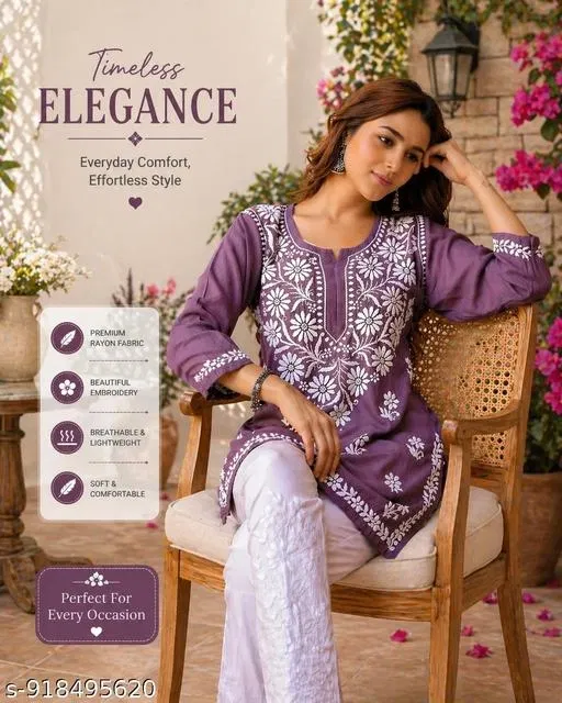 Chikankari Embroidered Short Kurti for Women (Multicolor, XL)