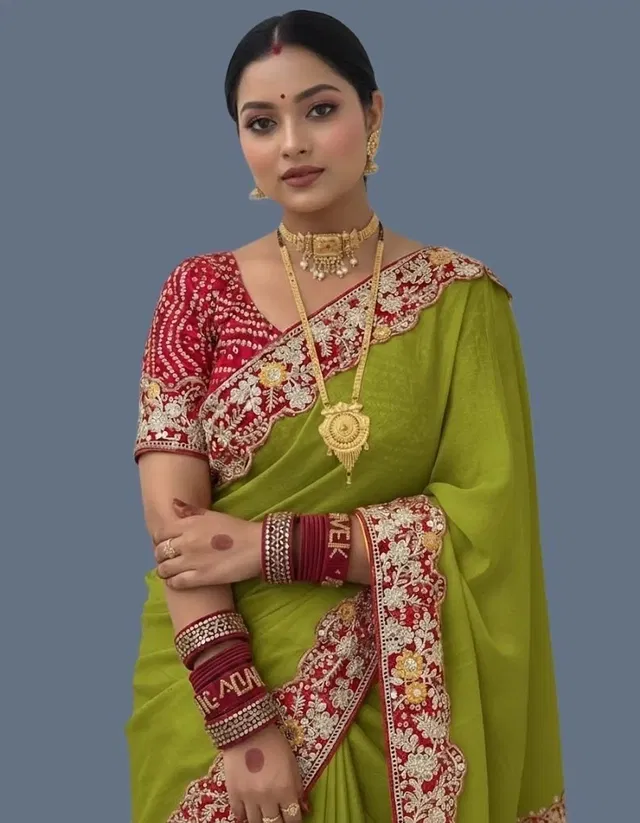 Bollywood Green Chiffon/Satin Embroidered Saree for Women