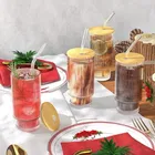 Afast Ribbed Glassware with Bamboo Lids and Straws 300 ml- Stackable Iced Coffee Cups, Vintage Drinking Glasses, Glass Tumbler for Soda, Juice,, Coffee, Milk, Water 