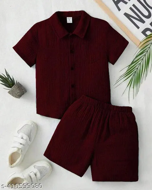 Cotton Spandex Shirt and Short Set for Boys (Maroon, 3-4 Years)