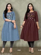 Solid Embroidered Cotton Kurti for Women, Pack of 2 
