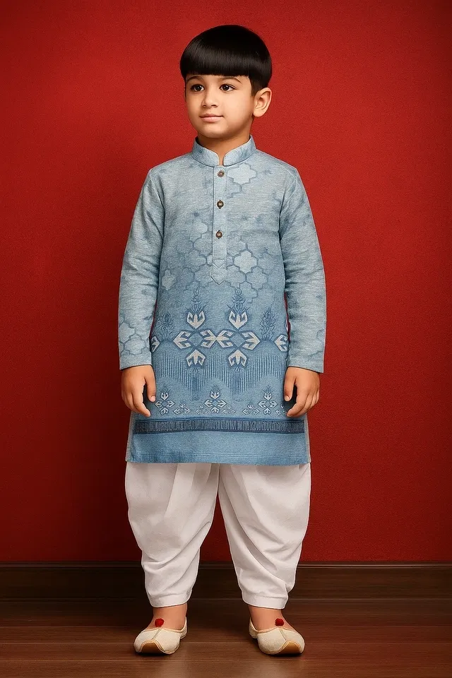 Cotton Blend Printed Kurta with Dhoti for Boys, Blue & White (6-7 Years)