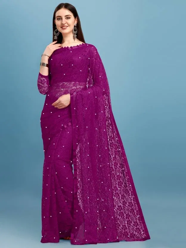 Net Beaded Saree for Women (Purple)