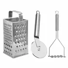 Oc9 स्टेनलेस स्टील 4 in 1 स्लाइसर एंड ग्रेटर & पिज़्ज़ा कटर & पोटैटो मेशर फॉर किचन टूल सेट 