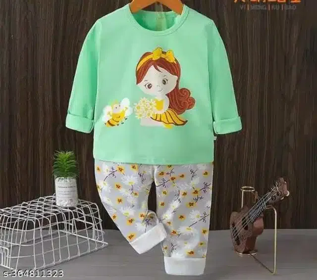 Hosiery Cotton Full Sleeves Top & Bottom Clothing Set for Girls (Sea Green & Grey, 6-9 Months)