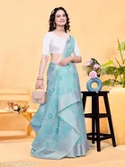 Linen Zari Checks Bandhani Printed Organza Saree for Women 