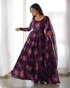 Crepe Printed Gown with Dupatta for Women (Purple, S)