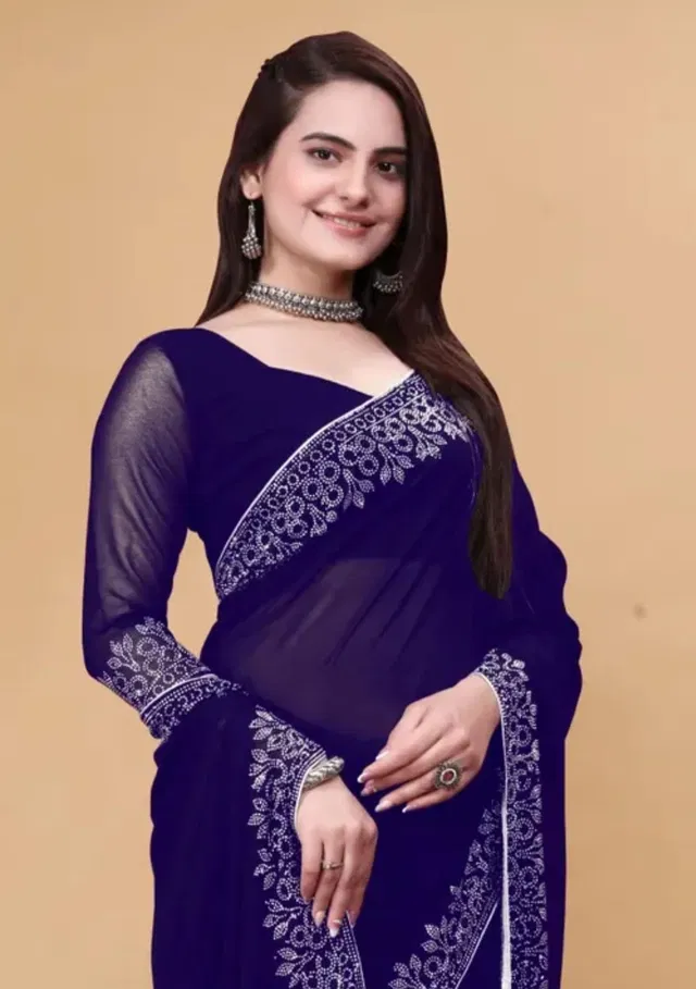 Georgette Embellished Saree for Women (Navy Blue, 6.3 m)