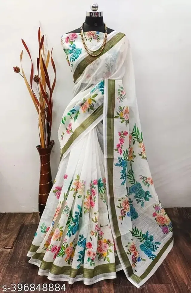 Cotton Linen Printed Saree for Women (Multicolor, 6.3 m)