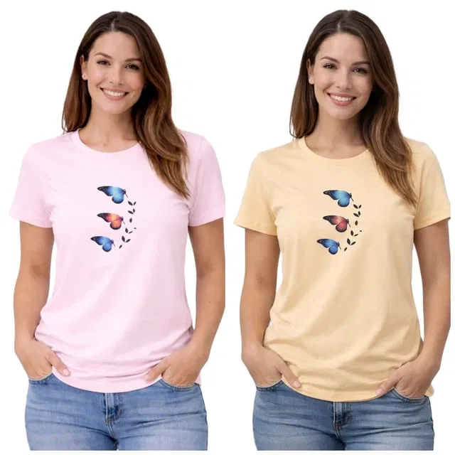 Cotton Blend T-shirt for Women, Peach & Pink, Pack of 2 (S)